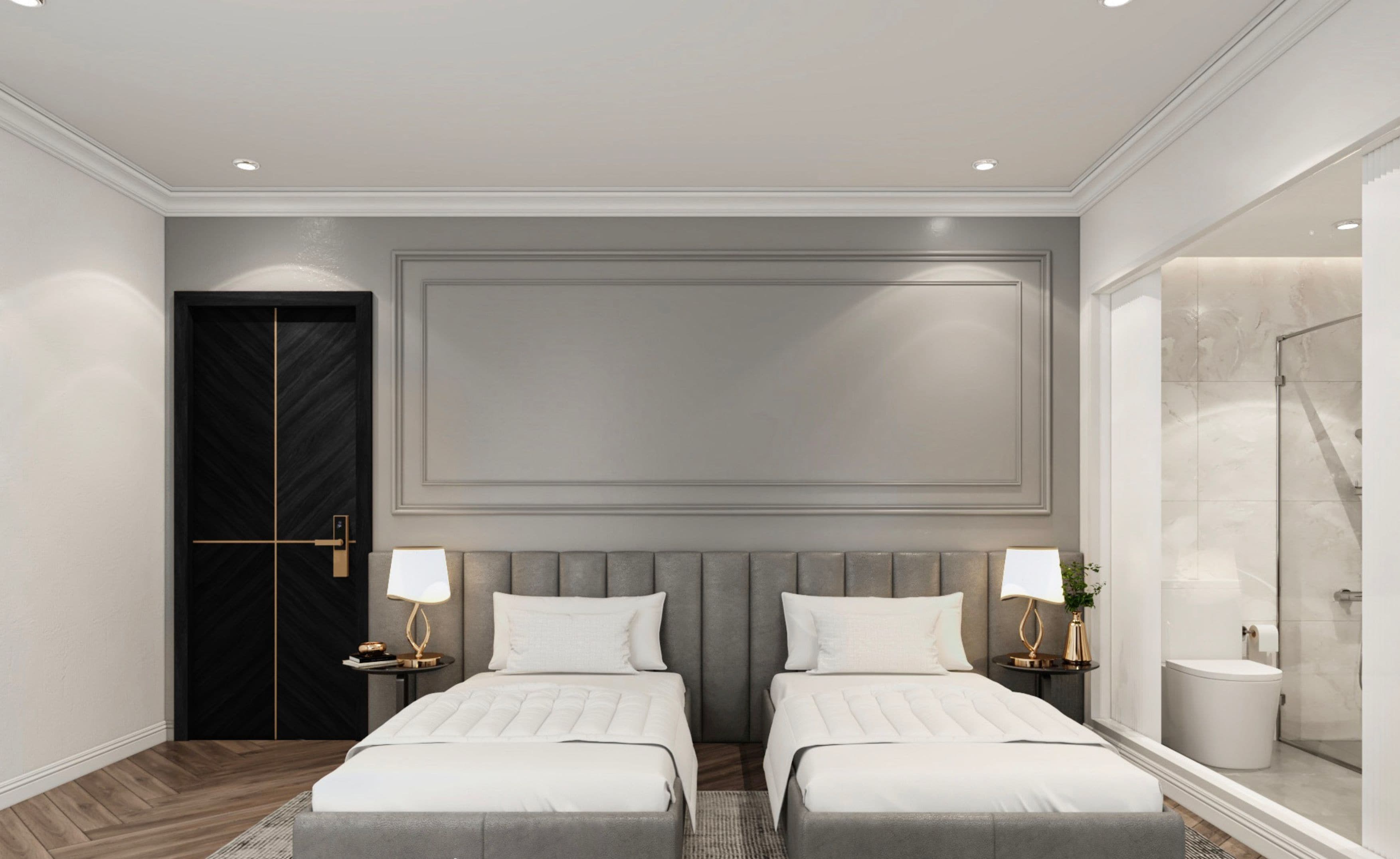 A modern hotel room with two beds, a large mirror, a walk-in closet, and a bathroom with a shower.