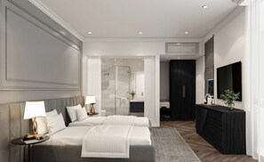 A modern bedroom with a large bed, bedside tables, a walk-in closet, and a bathroom with a shower. - Devesun Hotel  (Phan Rang)