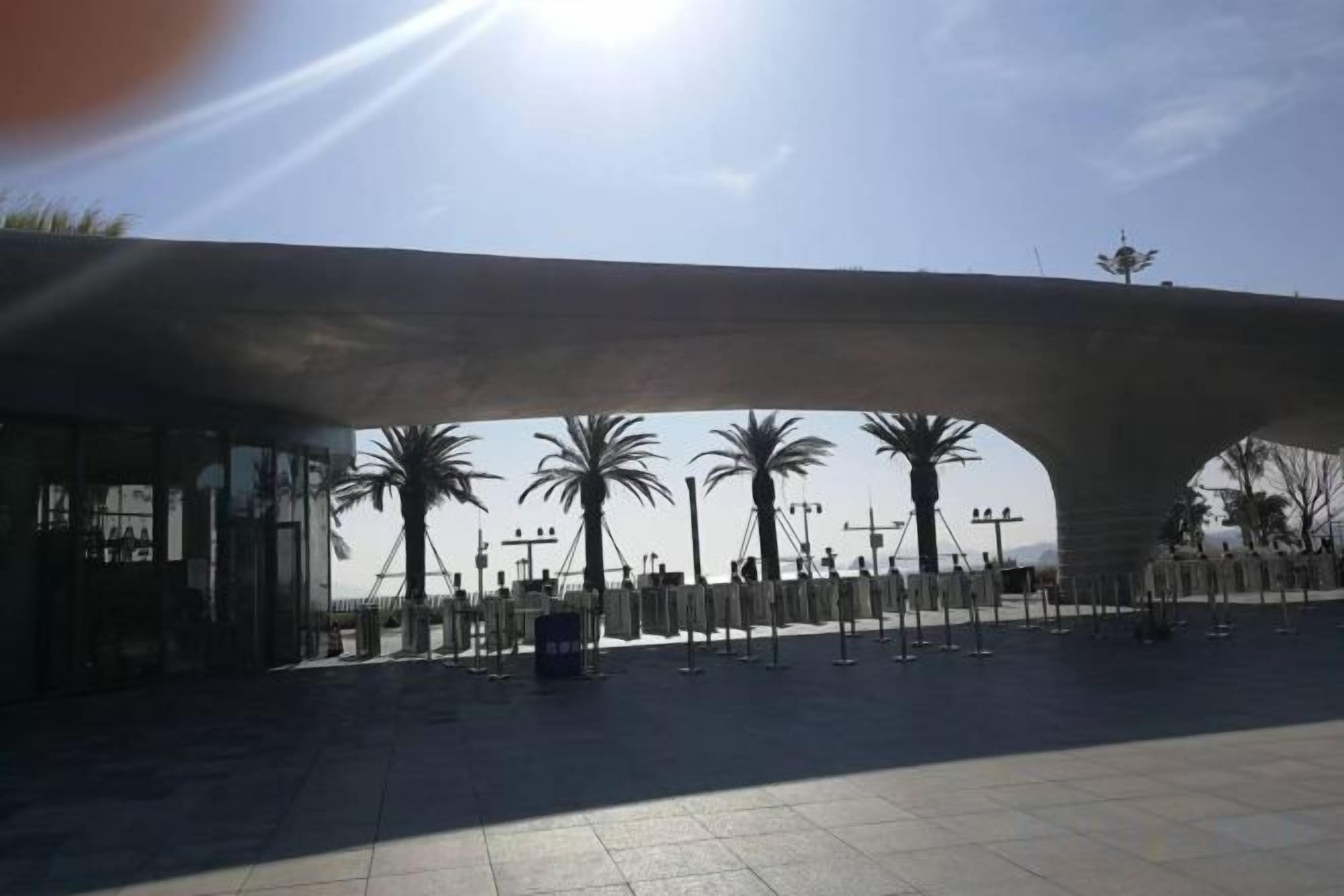 An outdoor area with a large overhang structure, palm trees, and a tiled floor.