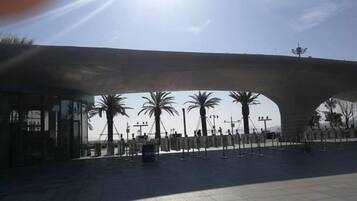 An outdoor area with a large overhang structure, palm trees, and a tiled floor.