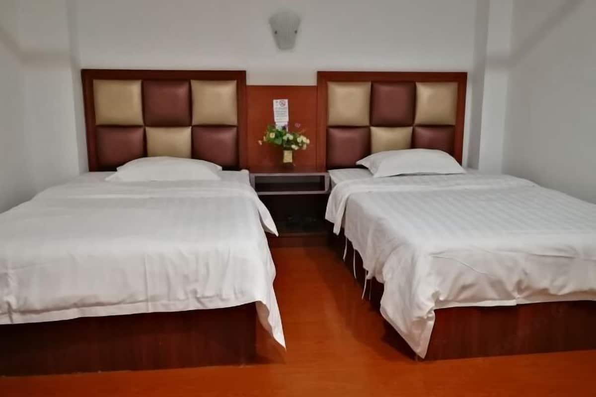 Habitación de hotel con dos camas individuales, cabecero de madera, una mesita con un florero y una lámpara de pared.
