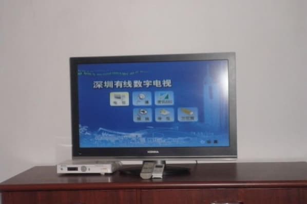 Ein Fernseher auf einer Holzkommode mit Fernbedienung.