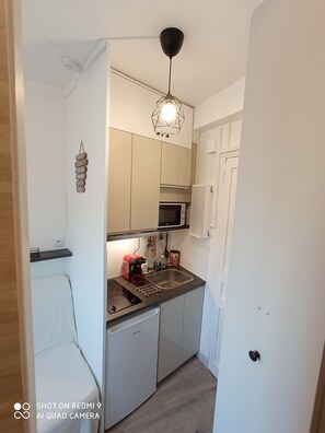 Fridge, microwave, stovetop, coffee/tea maker