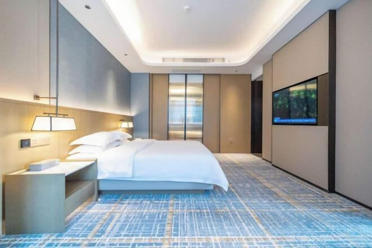 A modern hotel room with a large bed, a flat-screen TV, a bedside table, and a nightstand.