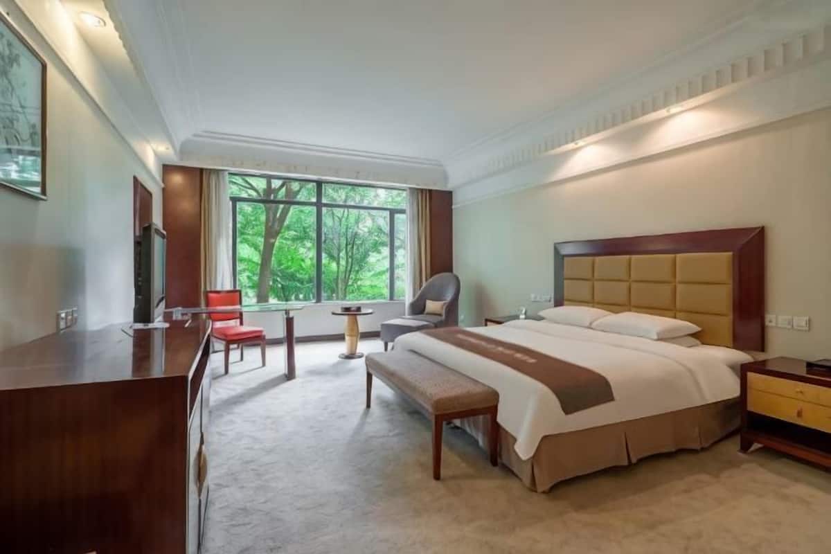 A hotel room with a large bed, a desk, a chair, a small table, and a window with a view of trees.