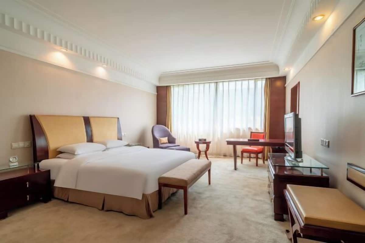 A hotel room with a large bed, a desk, a chair, a TV, and a window with curtains.