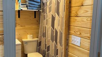 Shower, hair dryer, towels, toilet paper