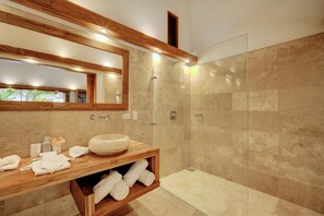 Chuveiro, secador de cabelo, toalhas de banho 
