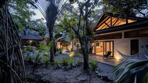 Ein modernes Haus mit einer Hängematte, einem Pool und üppiger Vegetation.