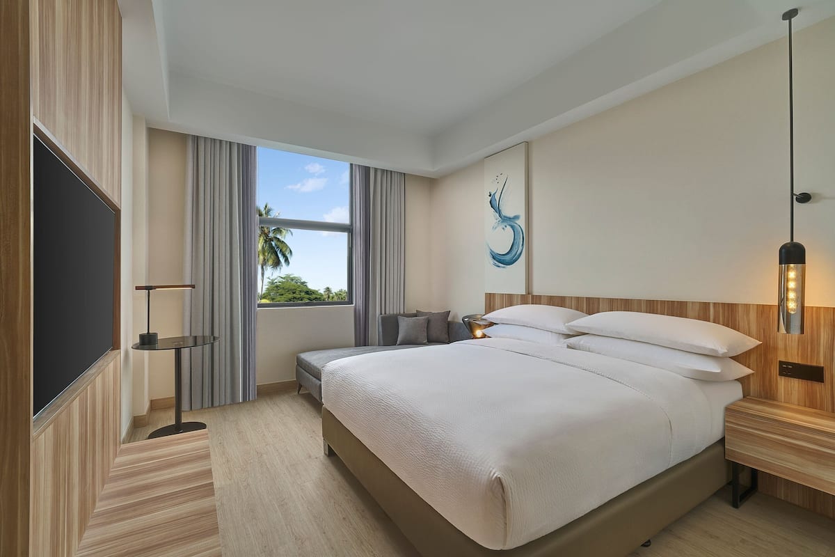 A modern hotel room with a large bed, a flat-screen TV, a bedside table, a lamp, and a view of palm trees.