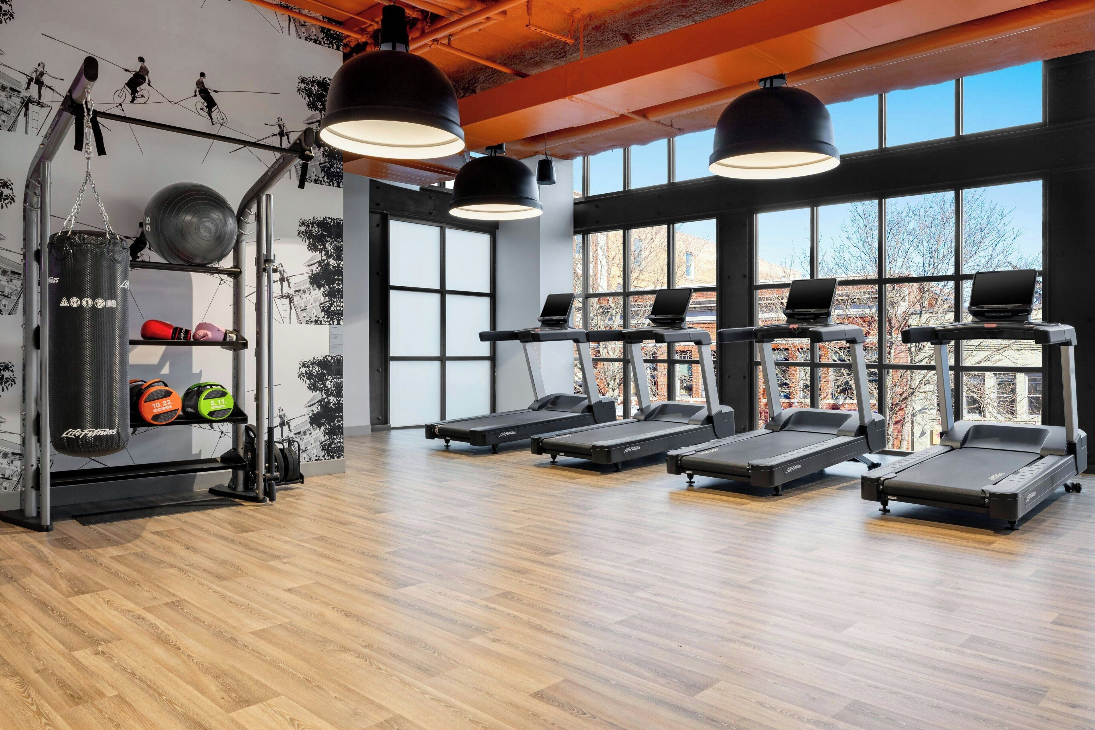 A gym with treadmills, weights, and a punching bag.
