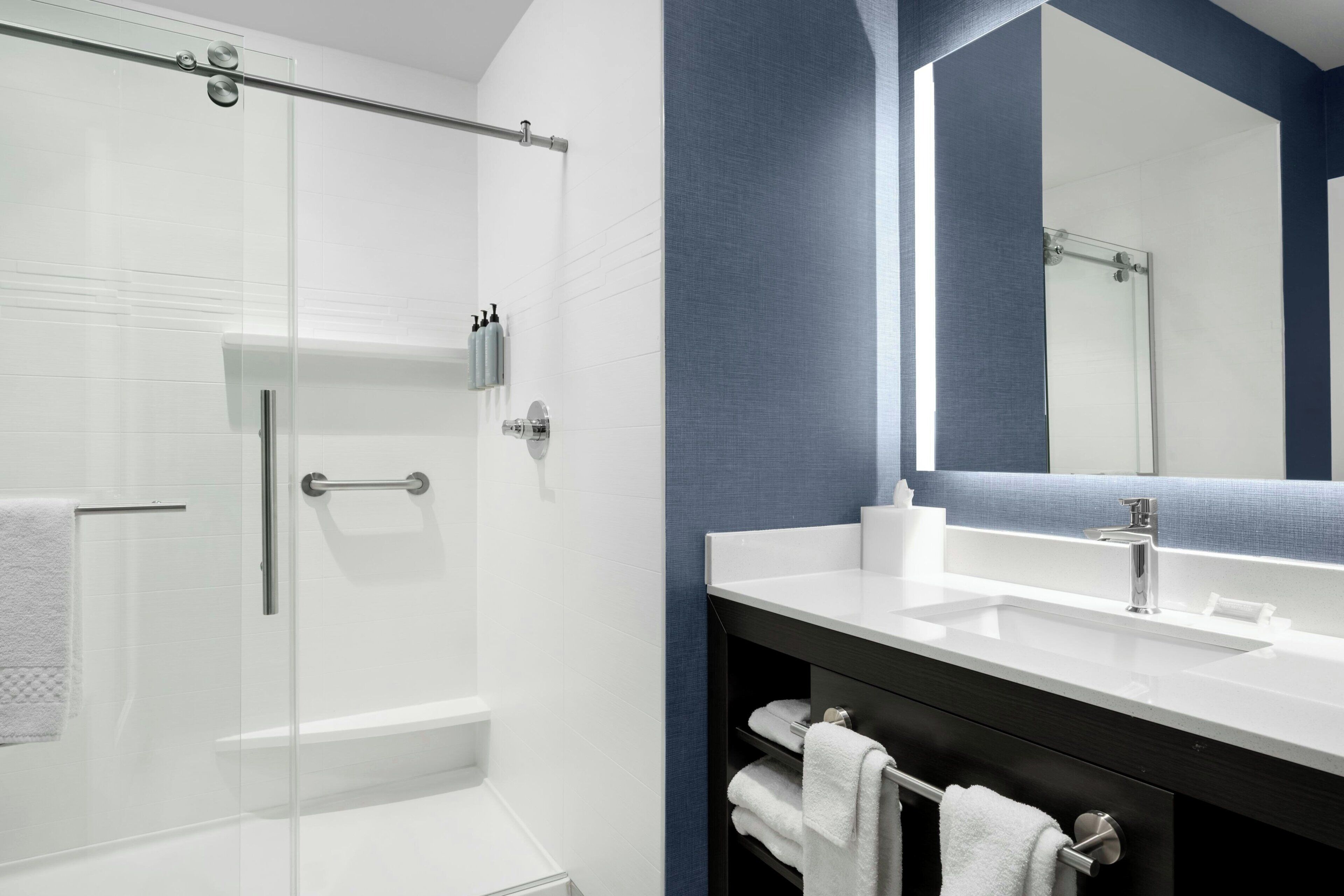 Un baño moderno con ducha envuelta en cristal, un lavamanos blanco y un espejo grande.
