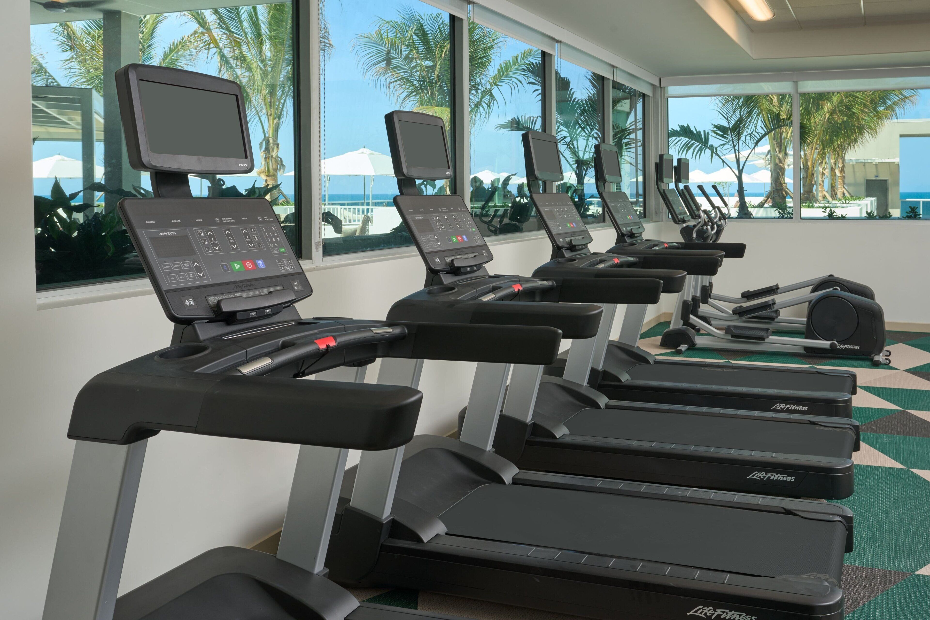 Una hilera de cintas de correr con pantallas digitales, ubicadas en una sala con ventanas amplias que dan a palmeras y a vista del océano.