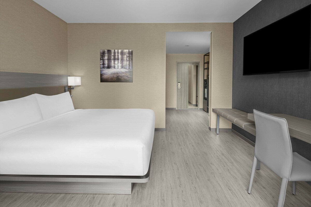 Een moderne hotelkamer met een groot bed, een flatscreen televisie aan de wand en een bankje langs de muur.
