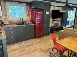 Cabin | Private kitchen | Fridge, microwave, oven, stovetop