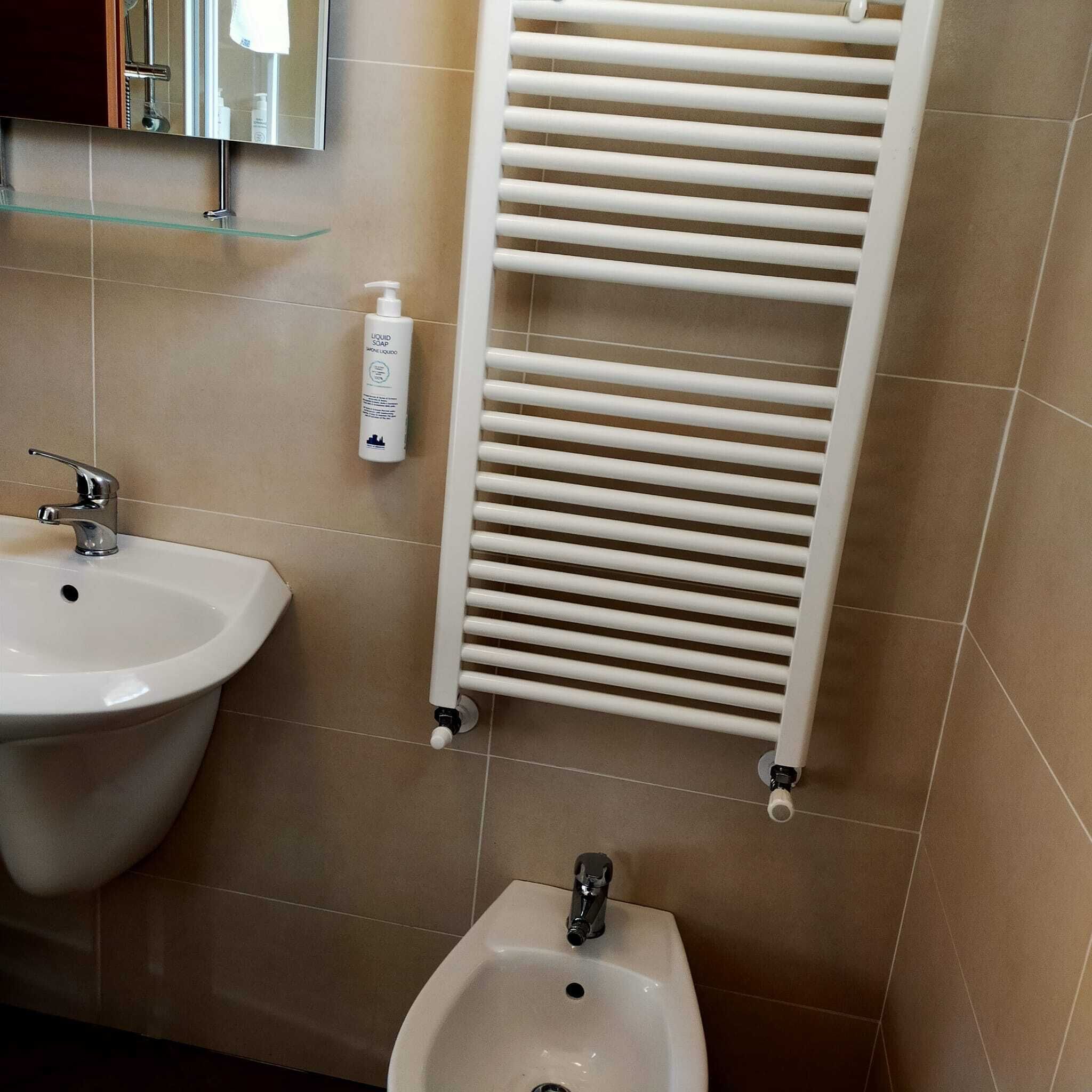 Une salle de bain avec un lavabo sur colonne blanc, un bidet et un sèche-serviettes.