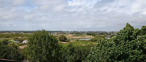 A view from a balcony overlooking a rural landscape with fields, a small body of water, and distant buildings.