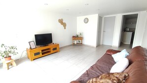 Ein Wohnzimmer mit Fernseher auf einem Holzboden, einem braunen Sofa, einem kleinen Tisch mit einer Pflanze und einer Tür, die in eine Küche führt.
