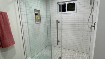 Hair dryer, towels, soap, toilet paper