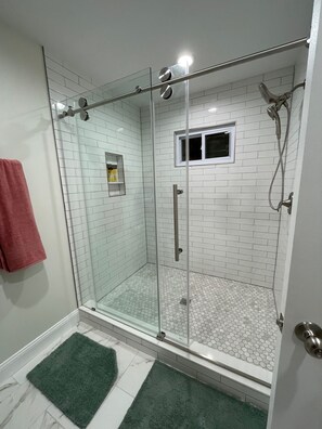 Hair dryer, towels, soap, toilet paper