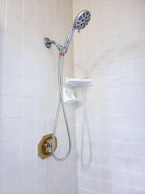 Hair dryer, towels, soap, shampoo