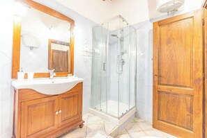 Shower, hair dryer, bidet, towels