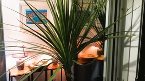 A potted plant in a corner with a small table and a lamp. - Appartment (2 rooms / 4 persons) with terrasse and swimminpool (Fréjus)