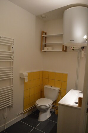 Een douche, een haardroger, handdoeken, zeep