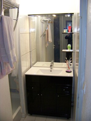 Dusche, Haartrockner, Seife, Toilettenpapier