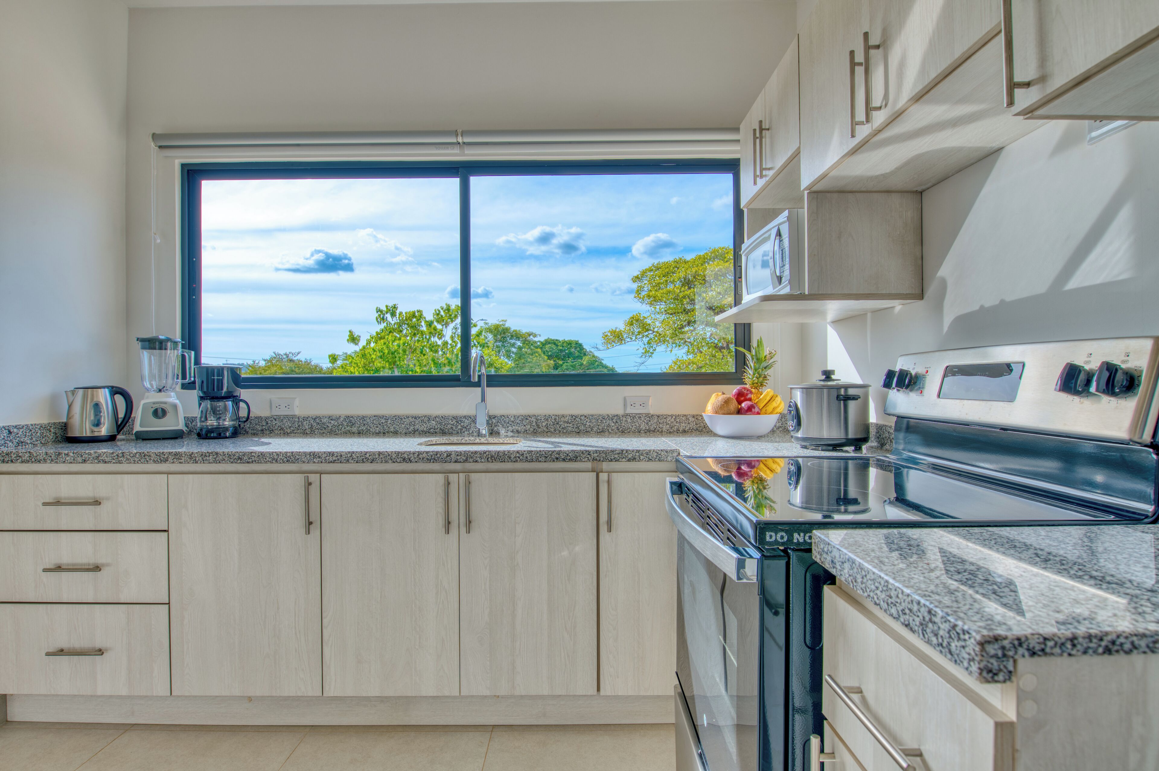Full-sized fridge, microwave, oven, electric kettle