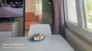 A room with a television, a table with a plate of seashells, a window with curtains, and a door leading to another room.