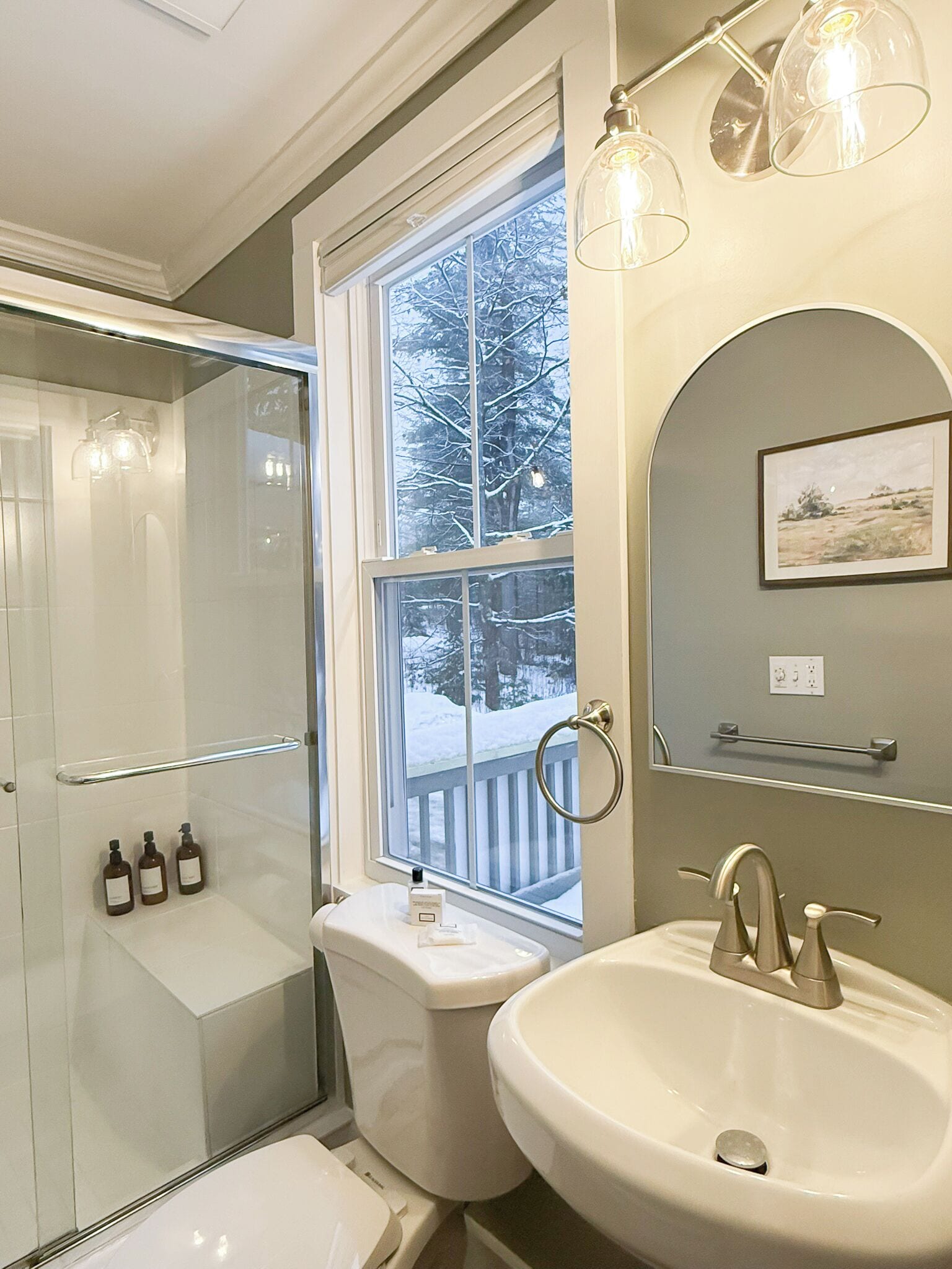 Une salle de bain avec une douche à parois de verre, des toilettes avec vue sur l’extérieur, un lavabo avec un miroir et des articles de toilette rangés sur une étagère.
