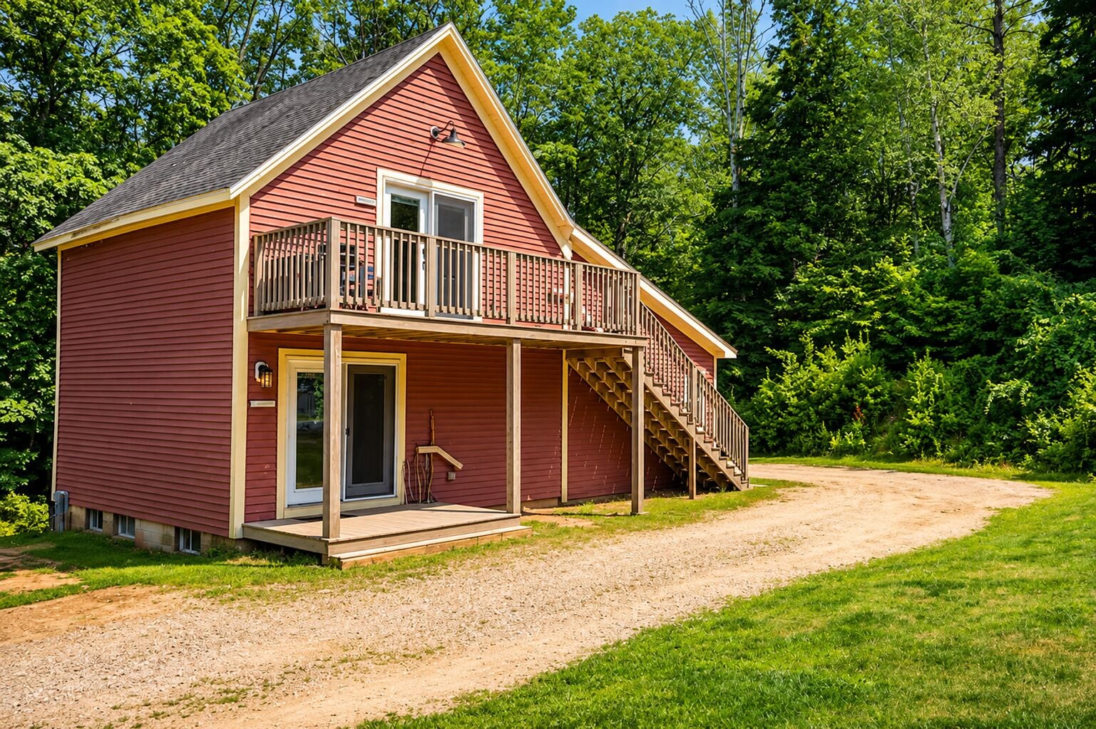A two-story red cabin with a balcony, a front door, and a staircase leading to the second floor.