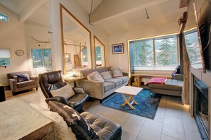 TV, fireplace, books