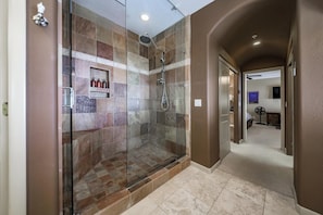 Jetted tub, hair dryer, towels, soap
