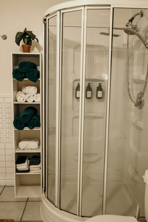 Douche, baignoire à jets, sèche-cheveux, serviettes fournies