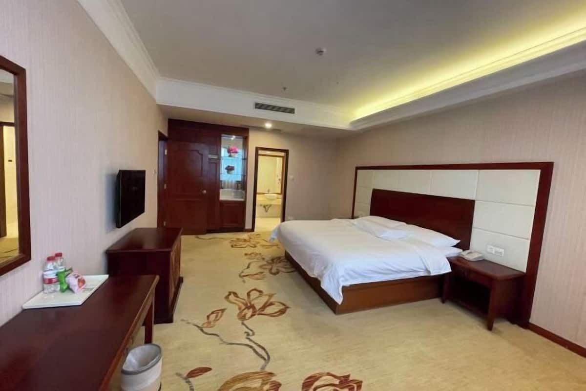 A hotel room with a bed, bedside table, TV, and a carpet with a floral pattern.