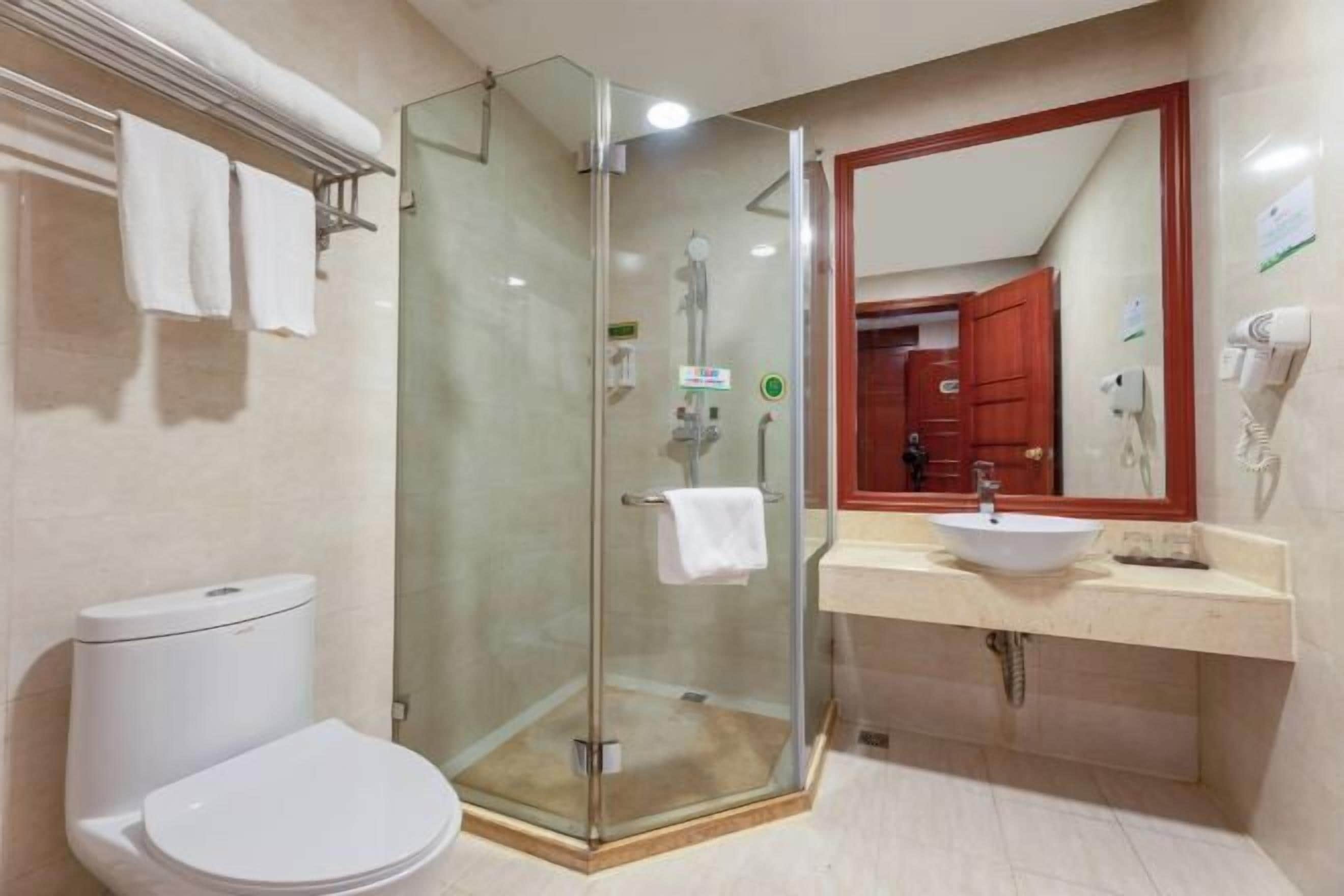 Un baño con ducha envuelta en vidrio, inodoro blanco, lavamanos y espejo.