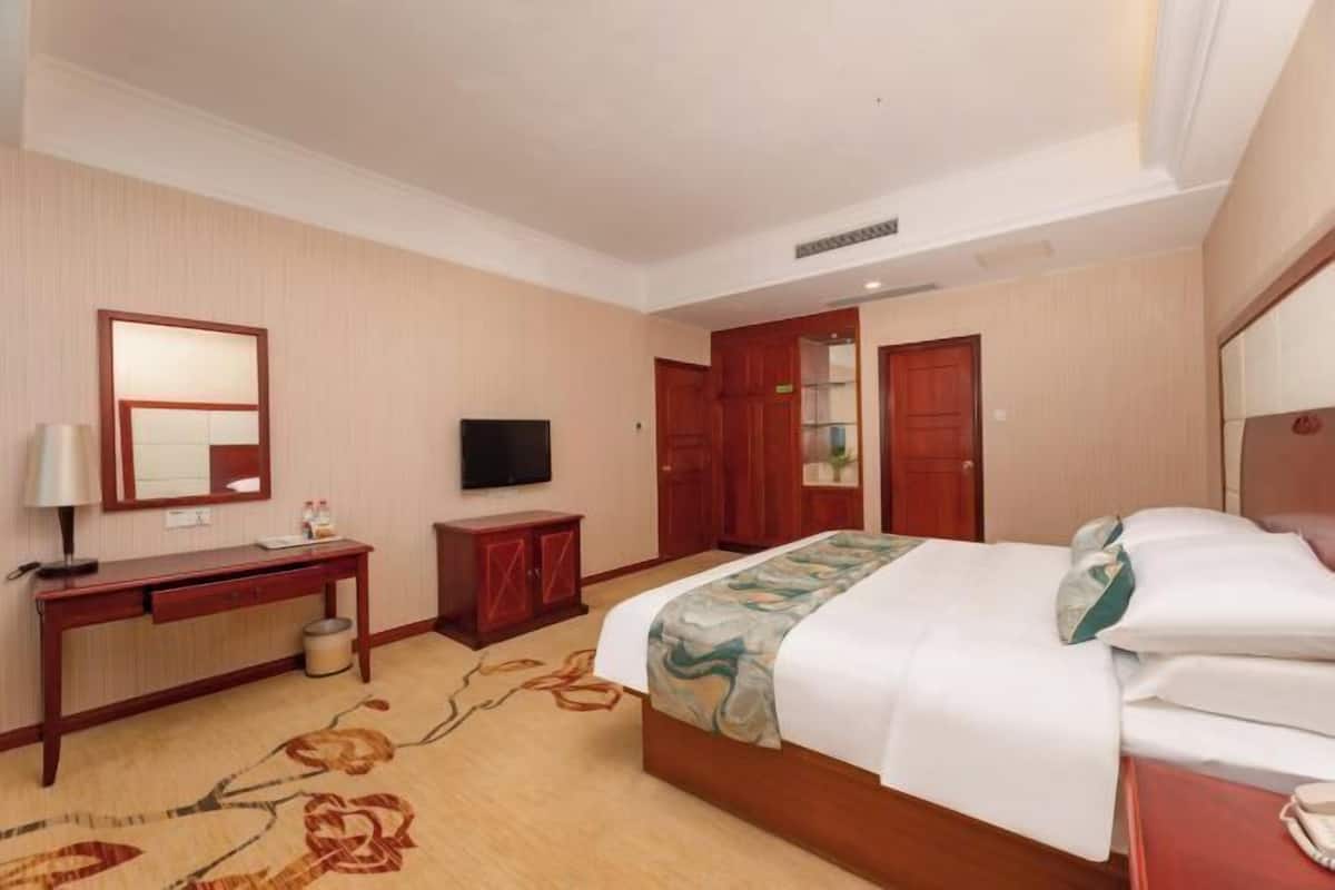 A hotel room with a bed, a TV, a desk, a mirror, and a wardrobe.