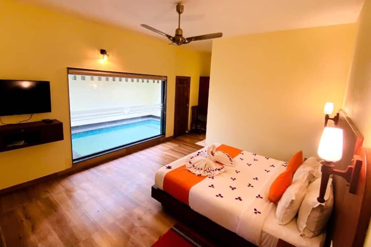A hotel room with a bed, a TV, a ceiling fan, and a view of a pool.