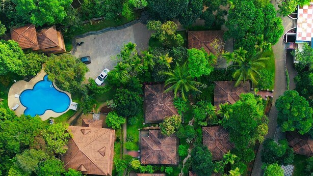 Vista aérea de una zona residencial con varias casas, una piscina y abundante vegetación.