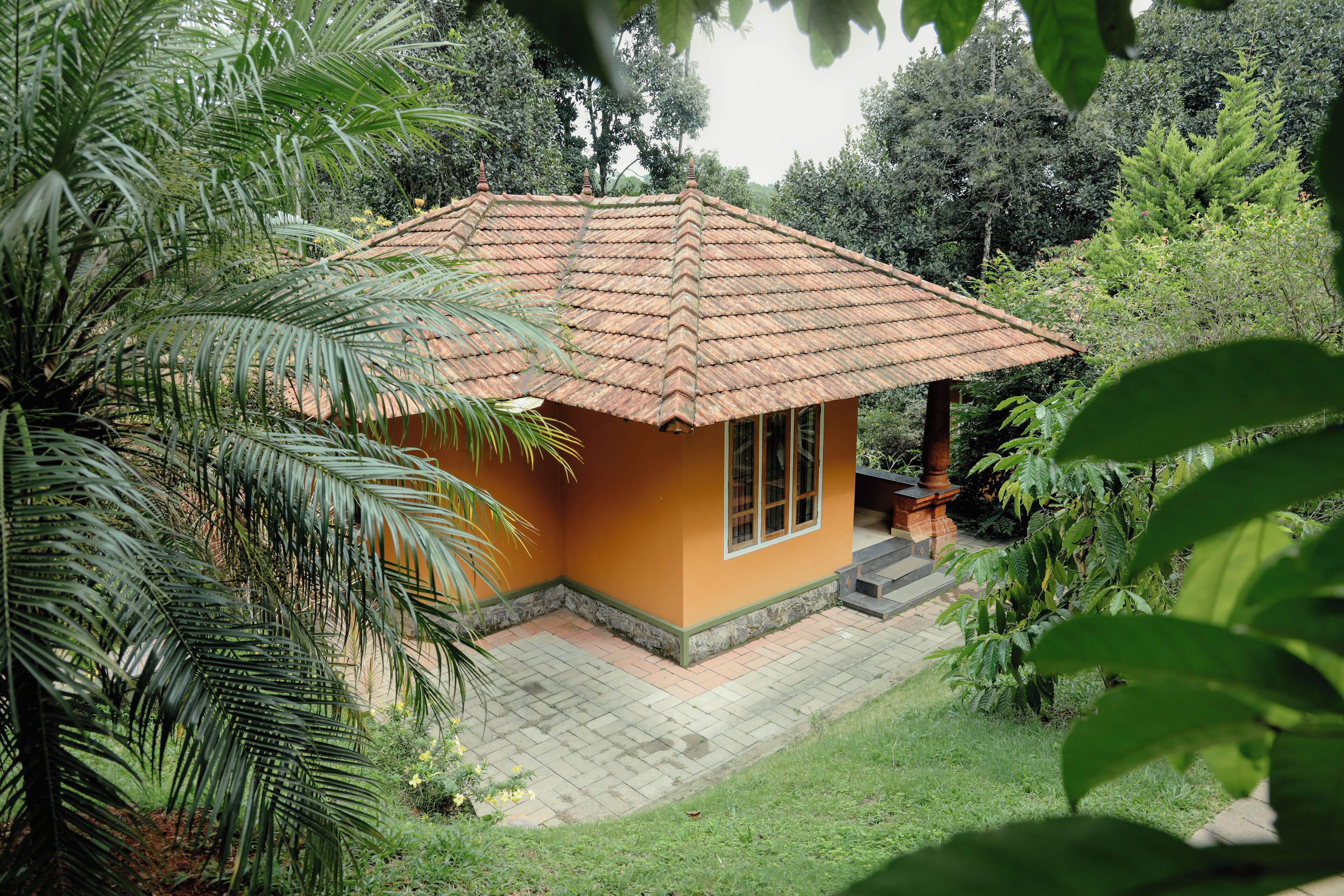 Una pequeña casa con techo de tejas, rodeada de abundante vegetación y un patio empedrado.