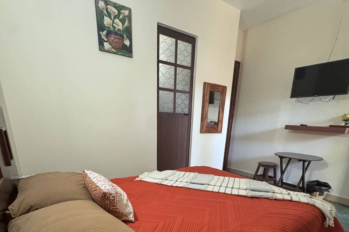 Ein Schlafzimmer mit einem Bett, Kissen, einem Fernseher, einem kleinen Tisch und einem Spiegel.