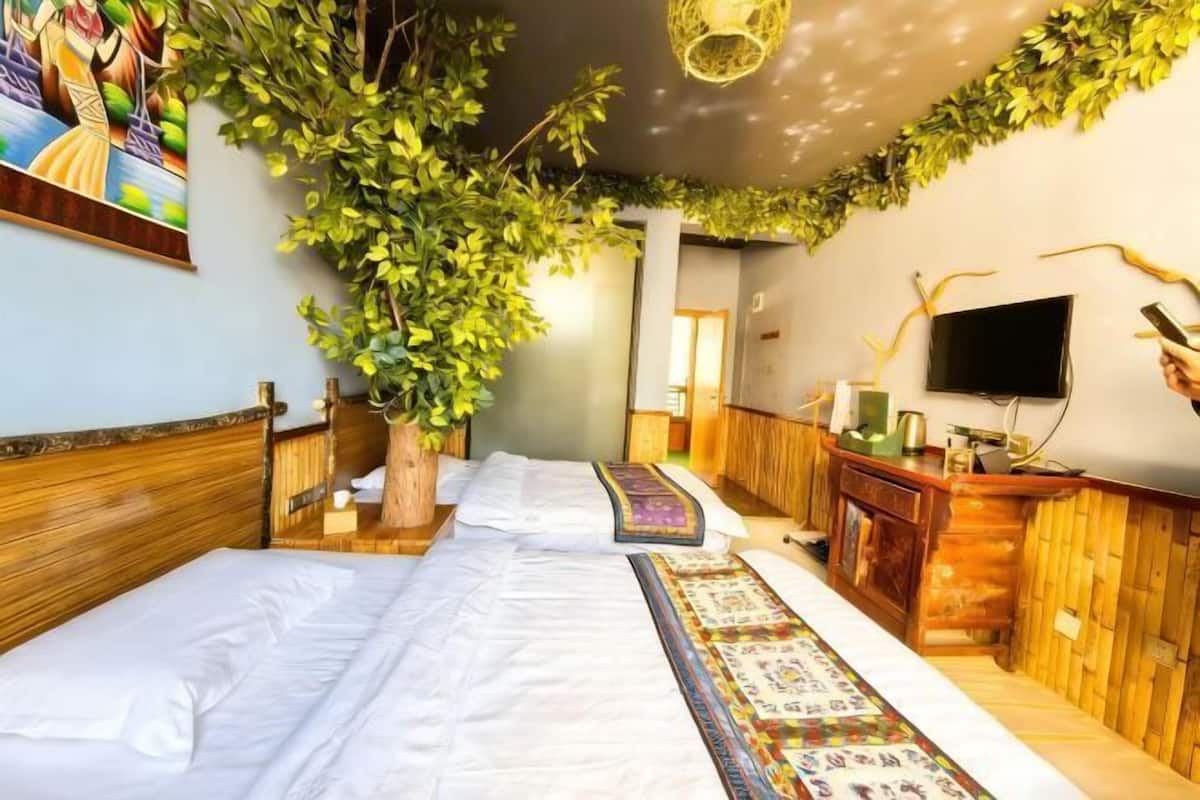 A room with a bed, a TV, a wooden dresser, and a large plant.