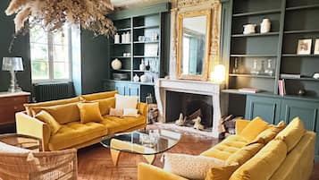 Televisión, chimenea y libros