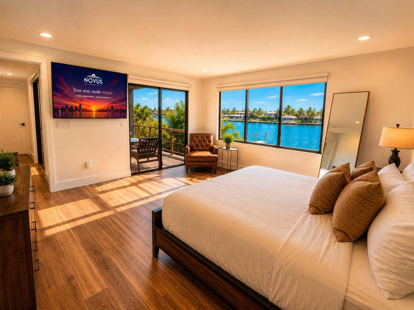 A hotel room with a large bed, a chair, a small table, a TV, and a balcony with a view of the water.