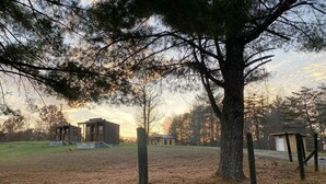 Une propriété rurale comprenant un chalet en bois, un grand arbre et un panneau indiquant : « PROPRIÉTÉS REDEMPTION ROAD, PRENDRE LA PROCHAINE À GAUCHE ».