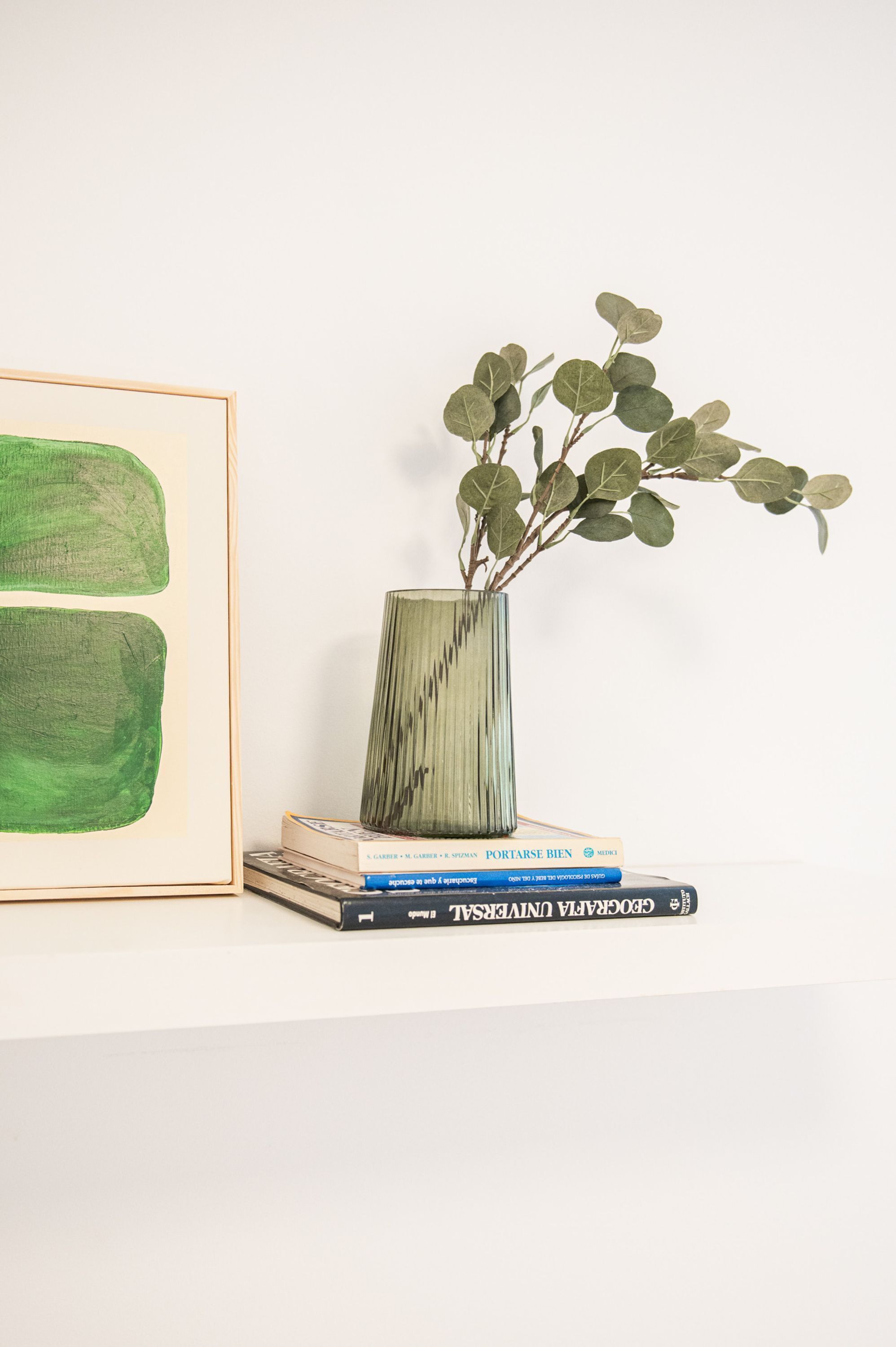 A bookshelf with books and a vase with a plant.
