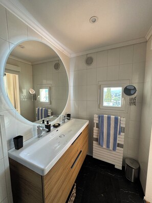 Shower, hair dryer, toilet paper