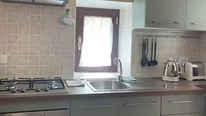 Eine Küche mit Gasherd, Backofen, Spüle aus Edelstahl und modernen Schränken.